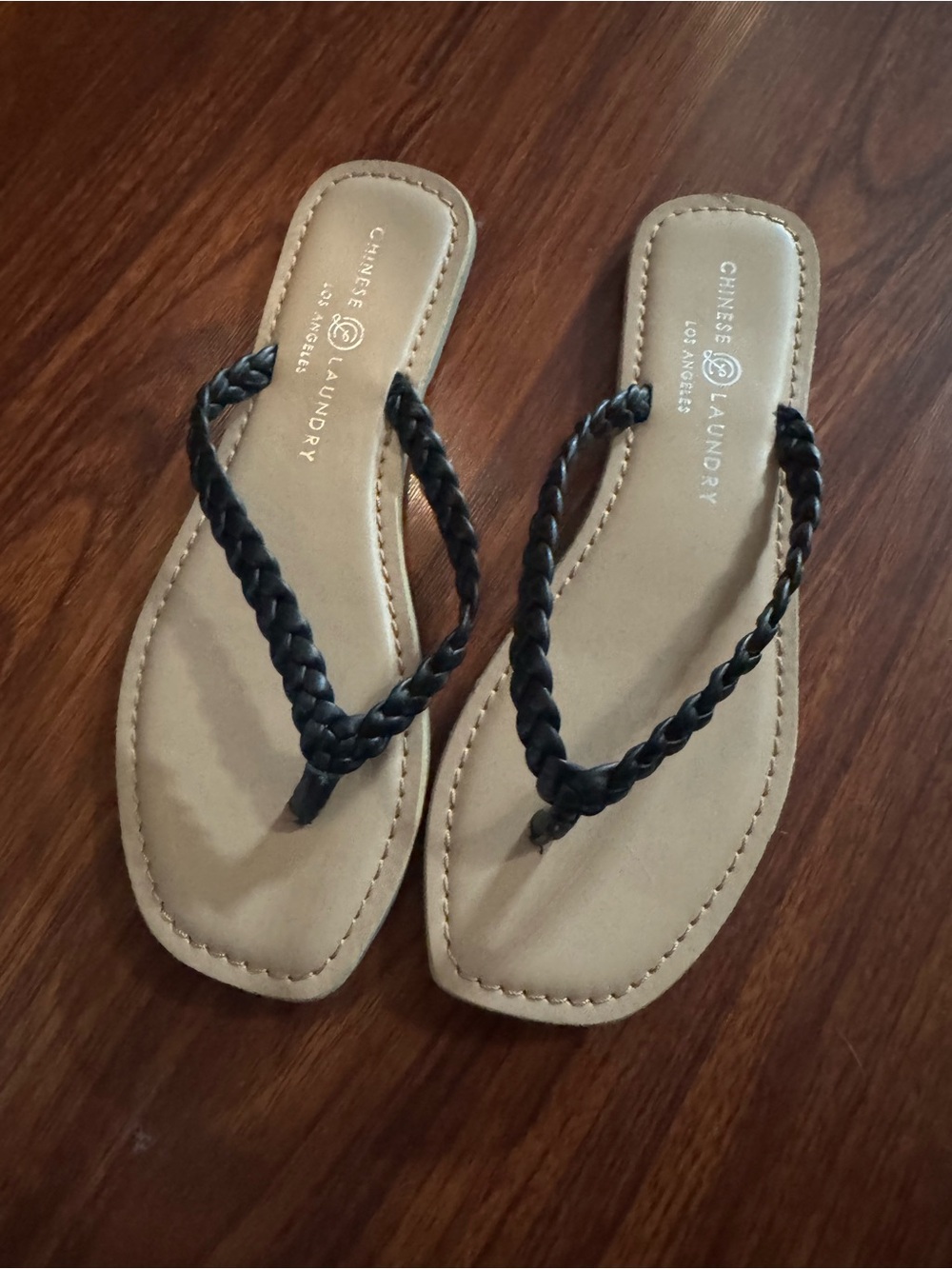 Chinese Laundry Black Braided-Strap Tan Footbed Sandals